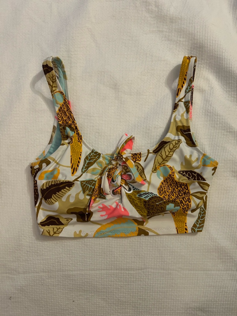 aerie Tropical Tie-Front Swim Cami in White with Yellow, Brown & Aqua